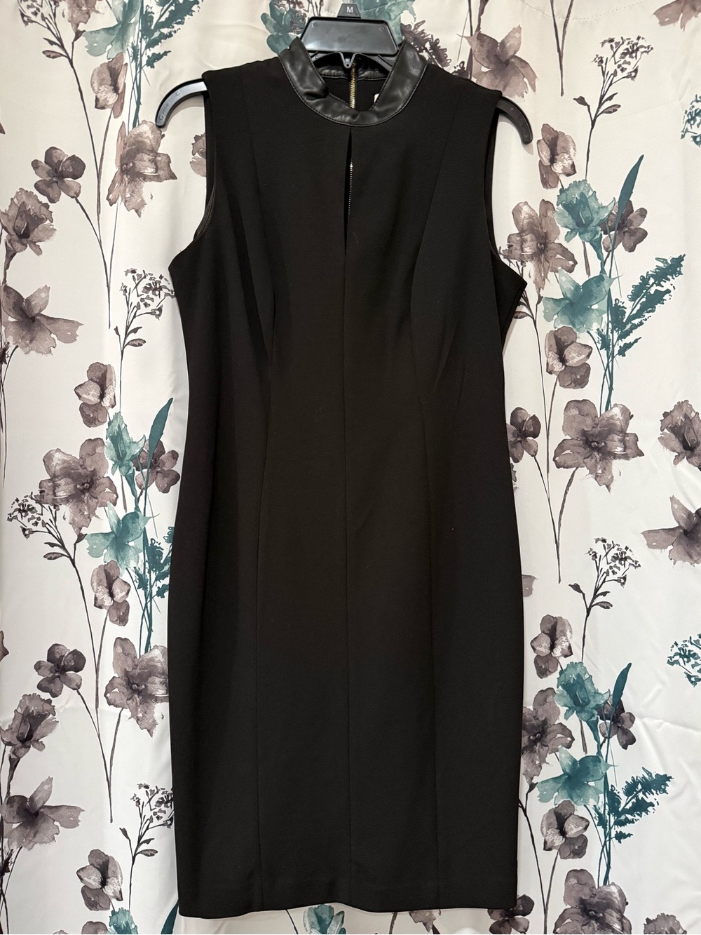 Calvin Klein Black Sleeveless Sheath Dress with Faux Leather Collar
